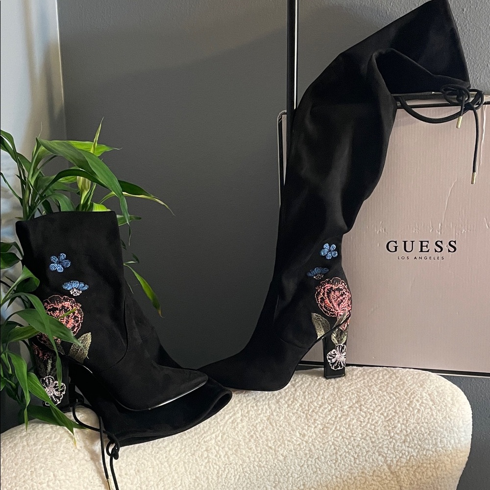 Guess Black Floral Embroidered Over the Knee Boots - Never Worn!